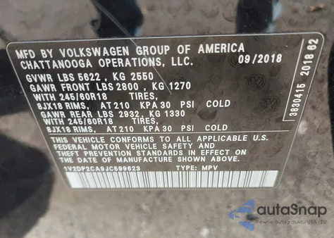 2018 Volkswagen Atlas 2.0T Se/2.0T Se W/Technology z USA, uszkodzony, nr VIN 1V2DP2CA9JC599623